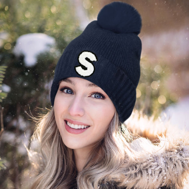 FASHNZFAB S Initial Monogram Faux Fur Pom Pom Knit Beanie Hat Multi 2