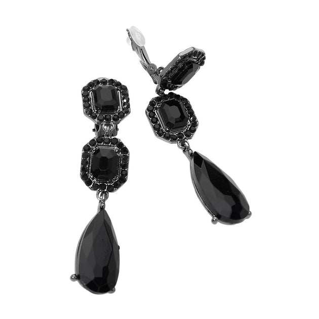 FASHNZFAB Square Halo Teardrop Stone Cluster Link Drop Clip On Earrings Black 3