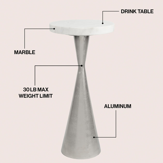 Jonathan Y Ziggy 22in Drink Table White Marble Antique Nickel 3