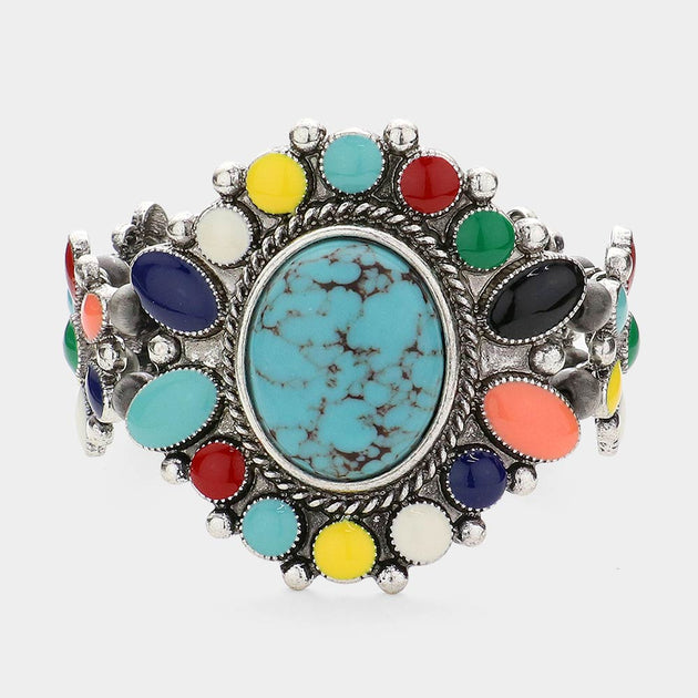 FASHNZFAB Oval Natural Stone Stretch Bracelet Silver Burnished Blue One Size 2