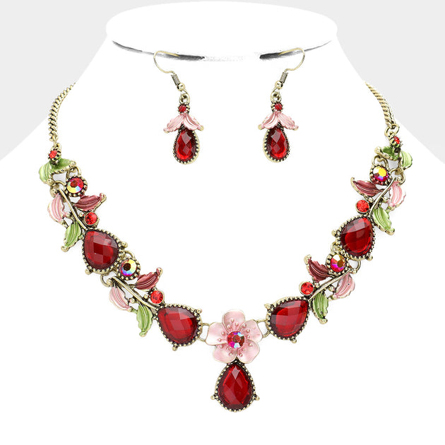 FASHNZFAB Flower Leaf Teardrop Stone Bib Necklace Red 5