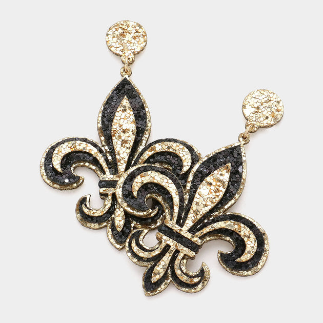 FASHNZFAB Felt Back Glittered Fleur de Lis Dangle Earrings Multi Black 2