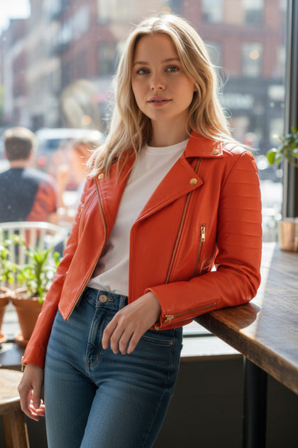 Infinity Cropped Brando Leather Biker Jacket Orange US 14 2