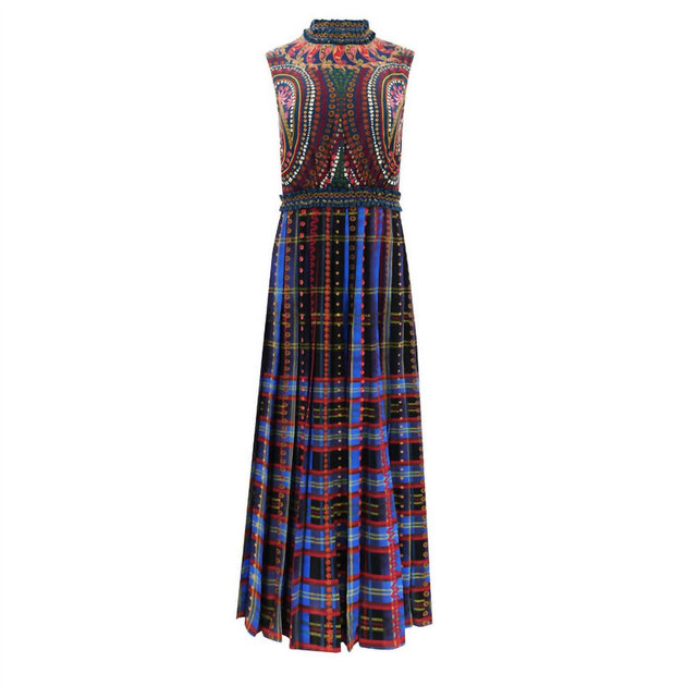 saloni patchwork midi dress SALONI Liza Sleeveless Slit Midi Dress In Tartan