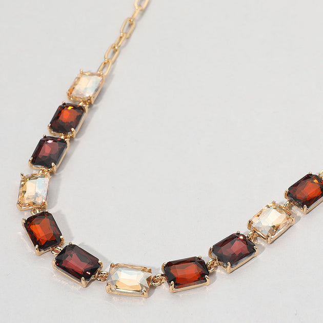 FASHNZFAB Rectangular Stone Cluster Link Necklace Brown Gold One Size 2
