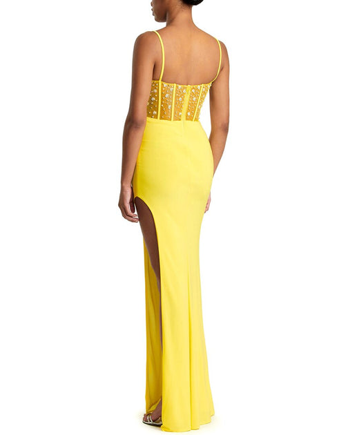 Mac Duggal Spaghetti Strap Beaded Sheer Bodice Gown Yellow Medium 3
