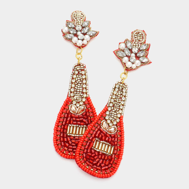 FASHNZFAB Multi Beaded Champagne Dangle Earrings Red 2