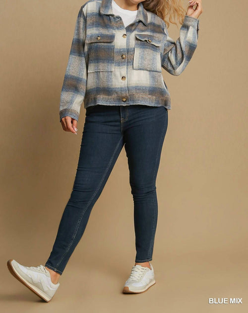 Umgee Plaid Cropped Shacket Blue XXLarge 3