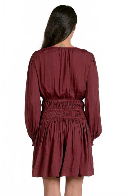 ELAN V-Neck Long Sleeve Smocked Waist Dress Red Large 3