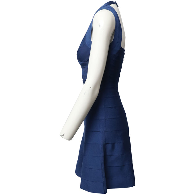 Herve Leger Flared Hem Bandage Dress In Blue Rayon