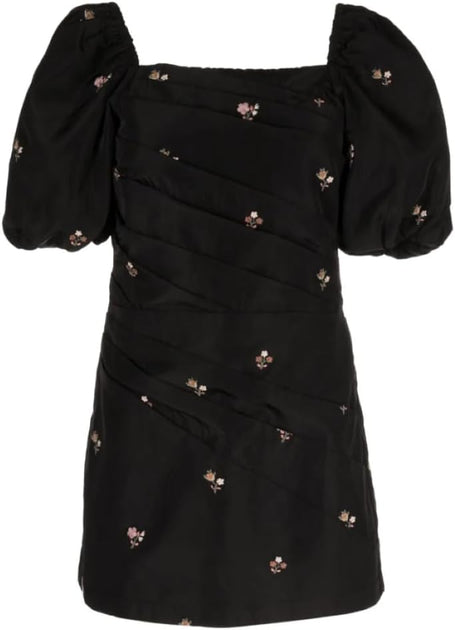 SEA NY Rubina Embroidery S/slv Polyester Puff Sleeves Draped Dress (d1)  Black