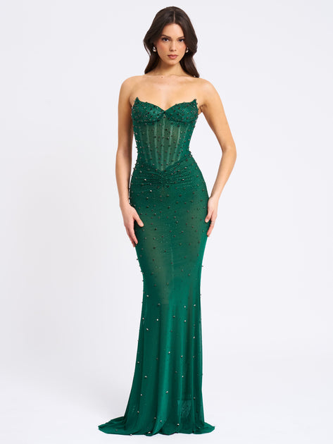 Miss Circle Women Fatima Green Crystal Sleeveless Corset Mermaid Maxi Dress 