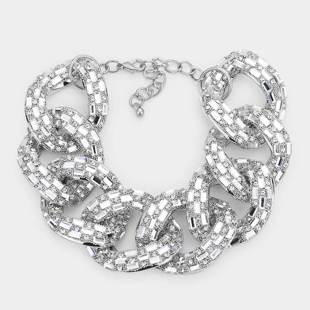 FASHNZFAB Stone Embellished Link Bracelet Clear Rhodium Silver One Size 3