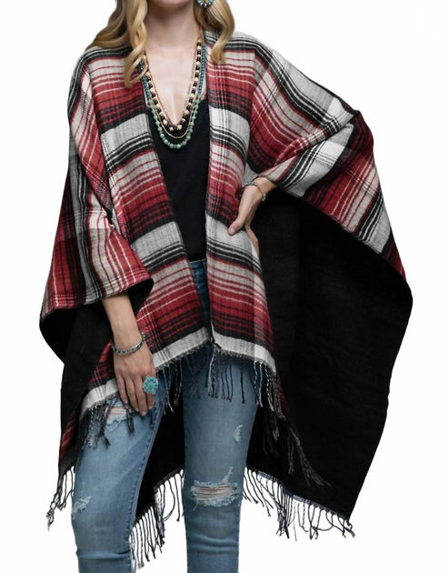Ruggie Tassel Checked Poncho Red One Size 3