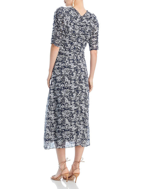 satin ruched floral midi dress in navy Sylvia V-Neck Floral Print Midi Dress Blue