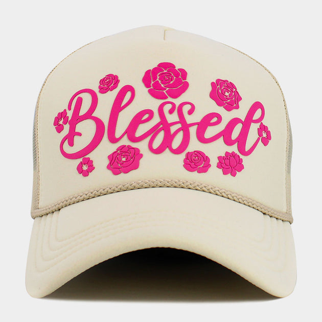 FASHNZFAB BLESSED Flower Embroidered Mesh Back Trucker Hat Black 5