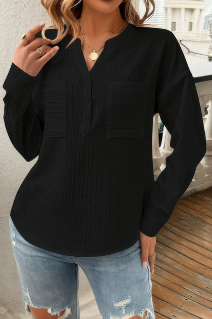 TRUEDAMES Solid Buttons V Neck Front Pockets Blouse Green Medium 2