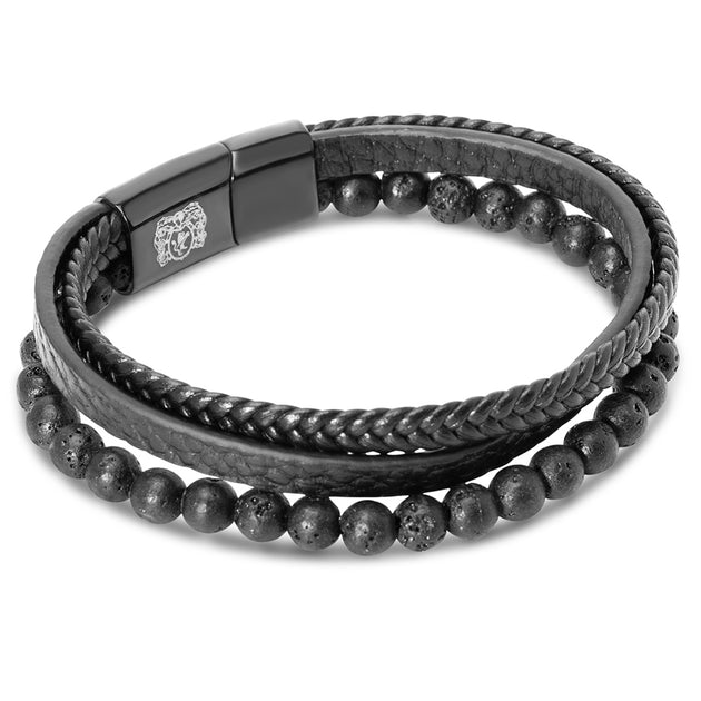 Bruno Magli Leather Bracelet With Lava Beads Black 3
