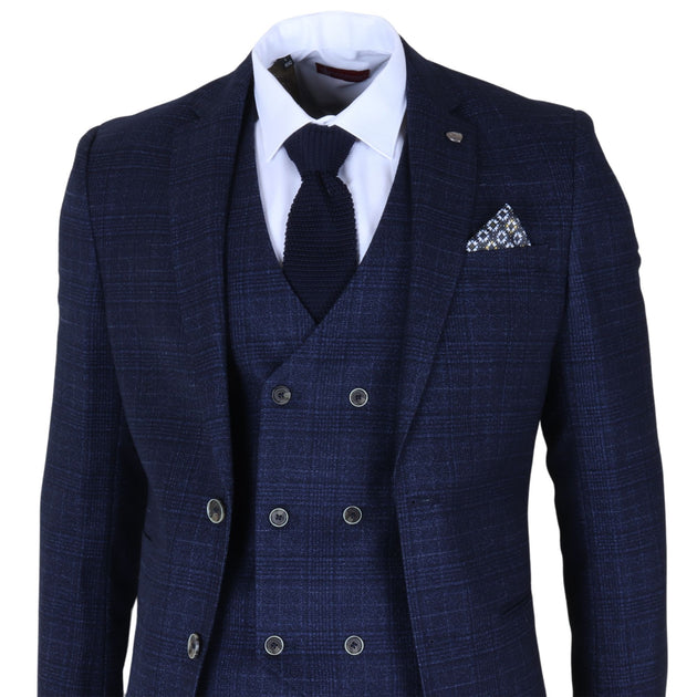 Infinity Men's Blue Plain Check 3 Piece Slim Fit Formal Wedding Suit Blue US 46 Regular 5