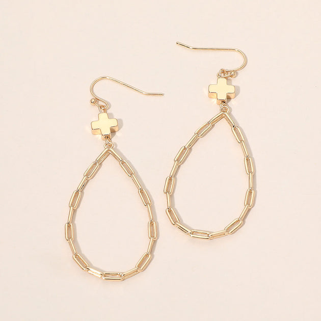 FASHNZFAB Cross Charm Paperclip Chain Teardrop Earrings Gold 5