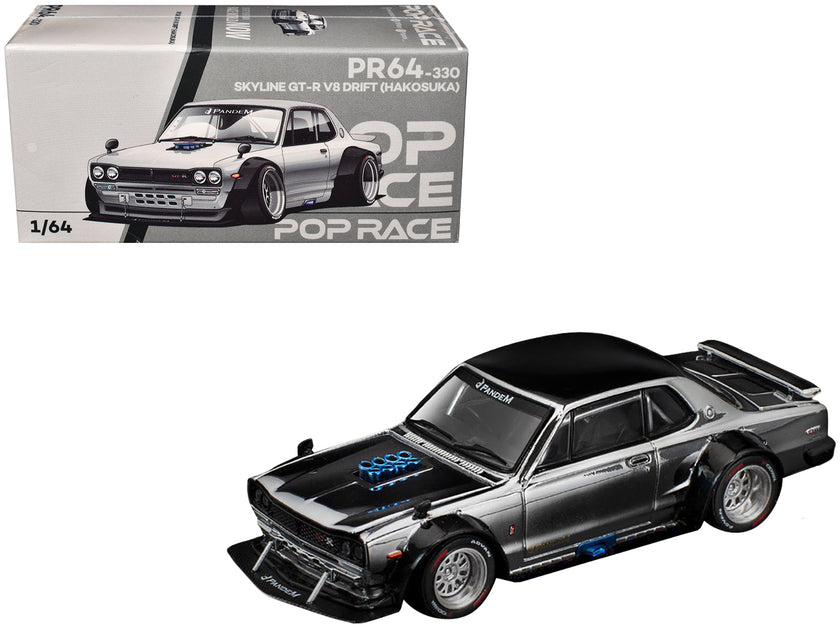 Pop Race Skyline GT-R V8 Drift Hakosuka RHD Silver Chrome Black 1/64 2