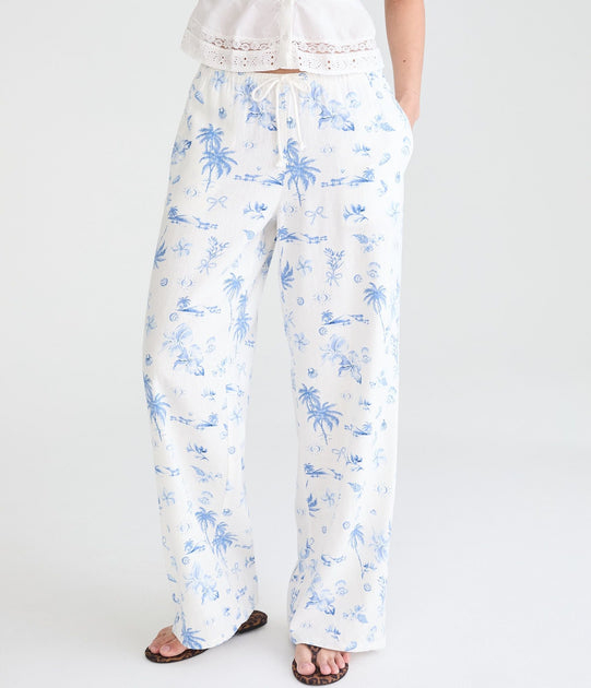Aeropostale Tropical Print Drawstring Linen Pants White Small 2