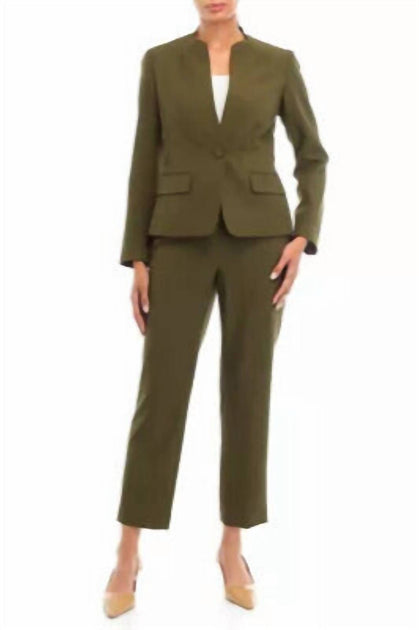 Le Suit Stand-Up Collar Blazer And Pants Set Green US 4 2