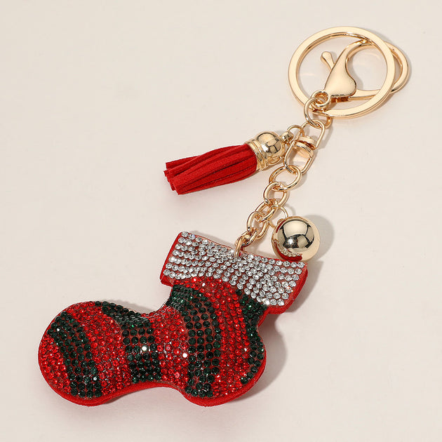 FASHNZFAB Bling Studded Christmas Socks Keychain Red One Size 2