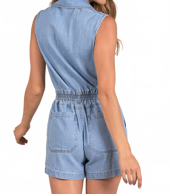 ELAN Kelly Denim Romper In Blue Wash ShopSimon