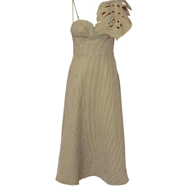 FARM Rio Striped 3D Monstera Leaf Linen Midi Dress Green Beige Medium 2