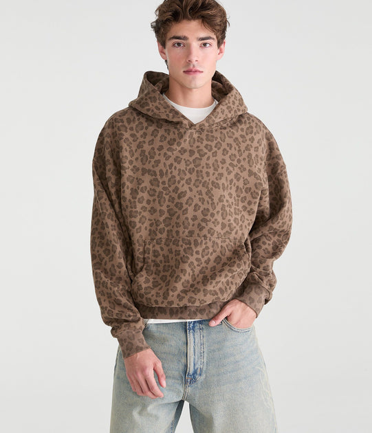 Aeropostale Cloud Soft Leopard Print Boxy Pullover Hoodie Brown Large 3