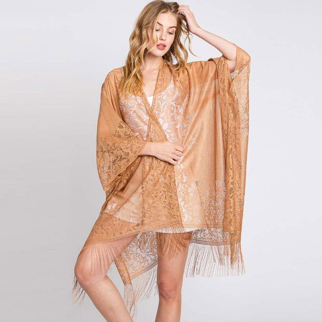 TRUEDAMES Kimono Poncho mit Blumenspitze und Quasten Pink Einheitsgröße 4