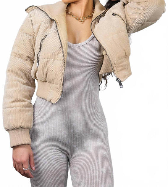 SurelyMine Keep Up With Me Crop Corduroy Puffer Jacket Beige Medium 4
