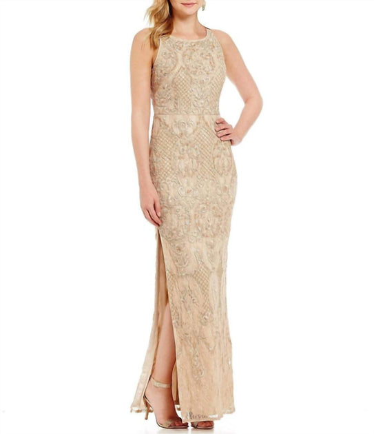AIDAN MATTOX Halter-Style Embroidered Beaded Dress In Blush
