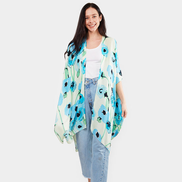 TRUEDAMES Flower Print Kimono Poncho White One Size 4