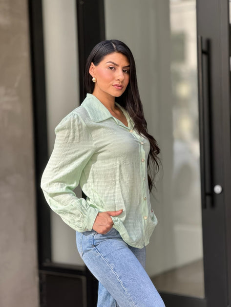 TRUEDAMES Button Down Blouse Green Large 4