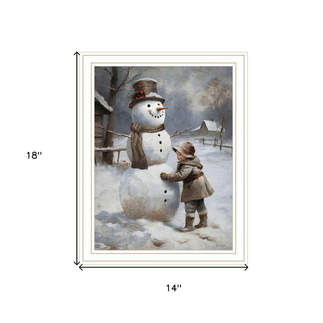 Hivvago Boy Building A Snowman White Framed Wall Art 4