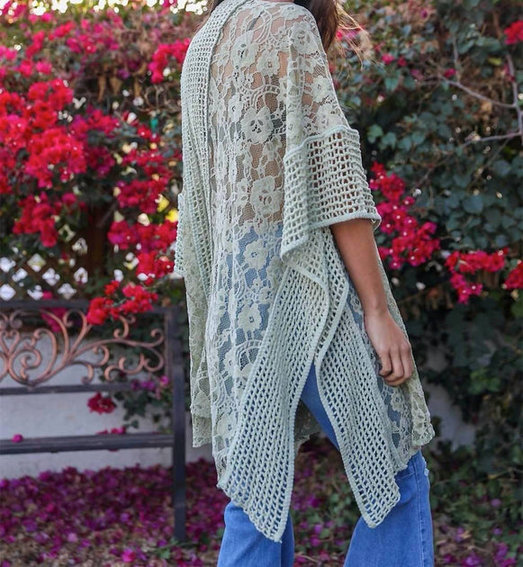 LETO Kimono mit Blumenmuster Grün Einheitsgröße 3