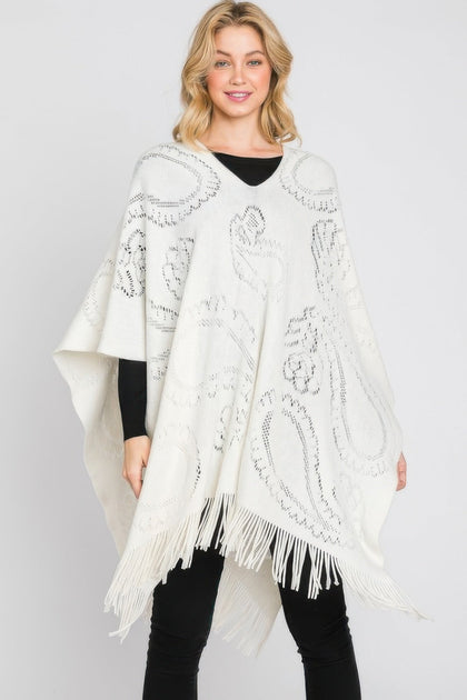 TRUEDAMES Paisley Pattern Fringe Poncho White One Size 4