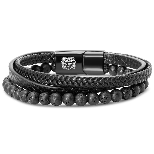 Bruno Magli Leather Bracelet With Lava Beads Black 2