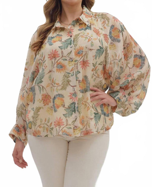 entro Floral Print Long Sleeve Button-Down Top Beige 1X 2