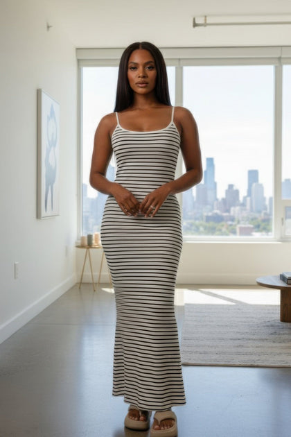 TRUEDAMES Rib Knit Striped Bodycon Maxi Dress Beige Small 4