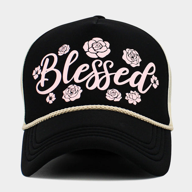 FASHNZFAB BLESSED Flower Embroidered Mesh Back Trucker Hat Black 3