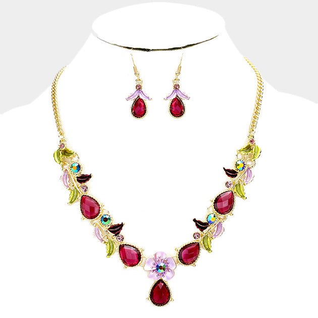 FASHNZFAB Flower Leaf Teardrop Stone Bib Necklace Red 3