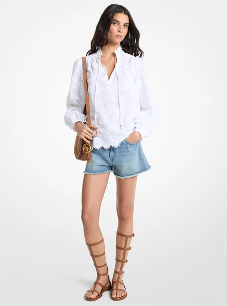Michael Kors Floral Embroidered Cotton Voile Blouse White Small 4