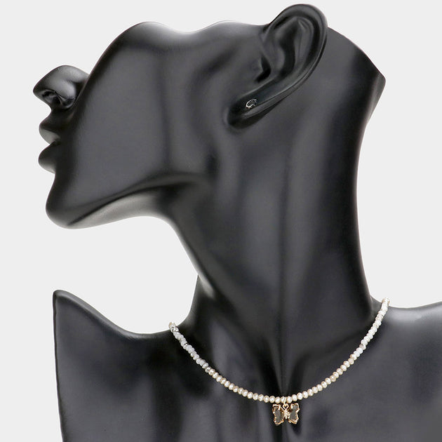 FASHNZFAB Butterfly Pendant Beaded Necklace Black 2