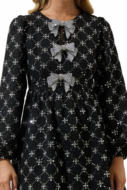 SUGARLIPS Tweed Glow Bow Dress Black Small 4