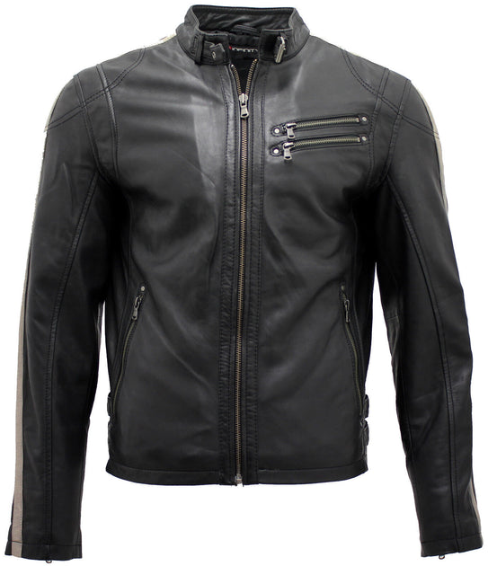 Infinity Mens Cafe Racing Striped Leather Jacket Marseille Black XXL 2