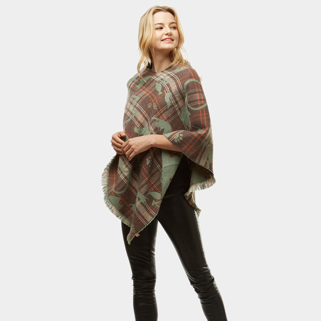 TRUEDAMES Playing Cats Plaid Poncho Green One Size 2