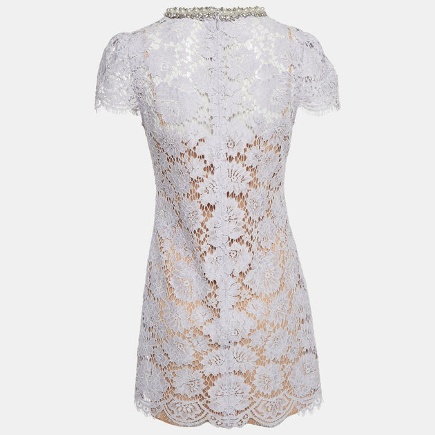 Self-Portrait Lilac Lace Embellished Neck Mini Dress Blue Small 4